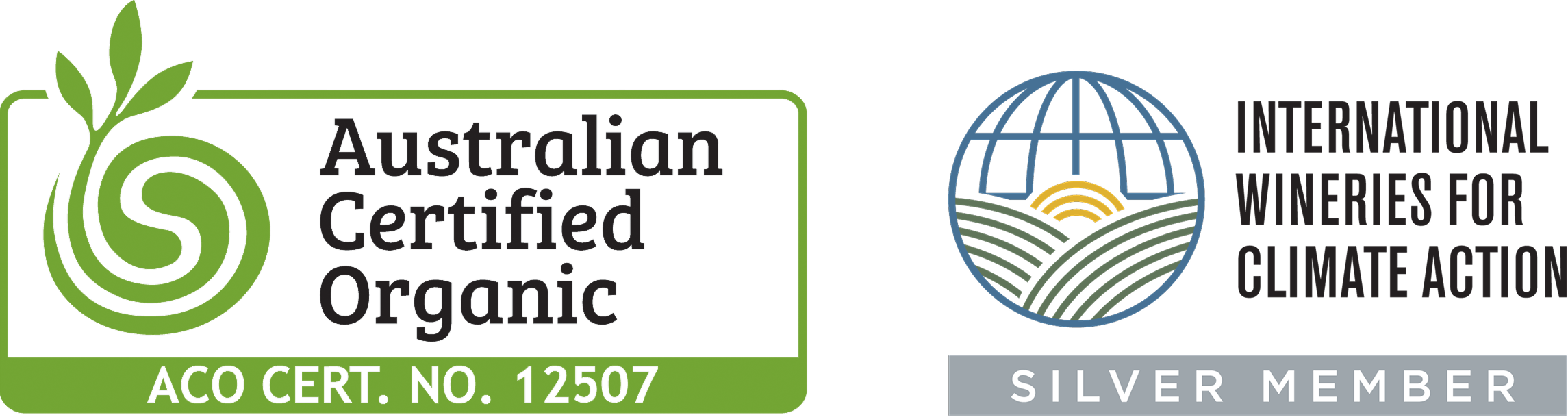 Australian Certified Organic and International Wineries for Climate Action logos side by side.